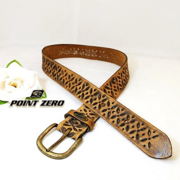 POINT ZERO Unisex Belt Brown Genuine Leather Hollow Geometric Motifs Boho Vtg. - Picture 5 of 11